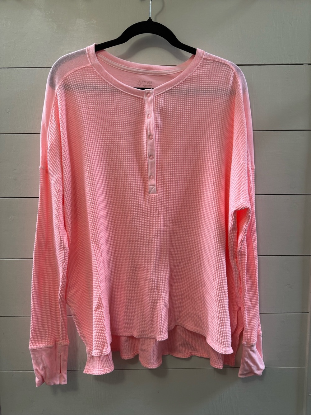 OFFLINE By Aerie Wow! Waffle Henley T-Shirt Long Sleeve Thumbholes Pink Medium